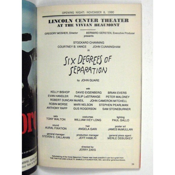 Six Degrees Separation Playbill Opening Night November 1990 Stockard Channing - Picture 5 of 9